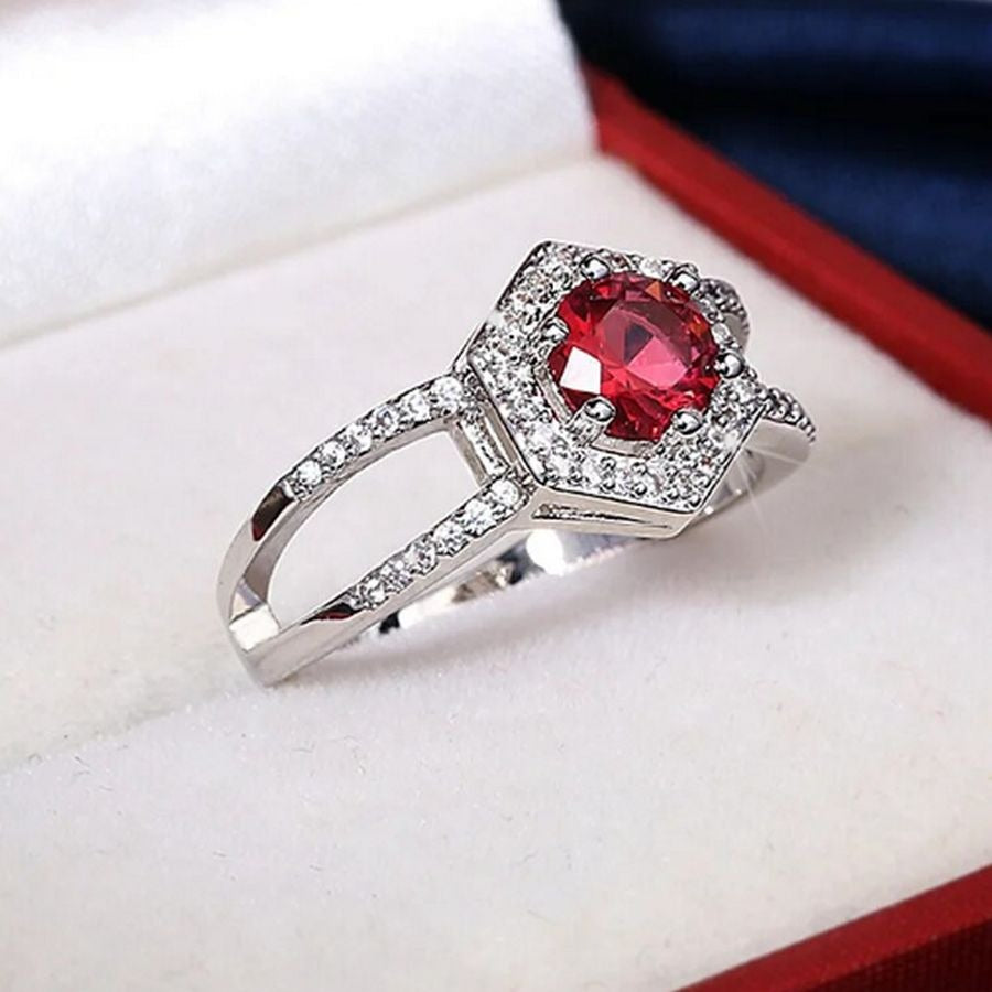 Kiara Grace Womens Size 6 Rosy Red Hexagon Framed Crystal Silver Ring Gift Boxed