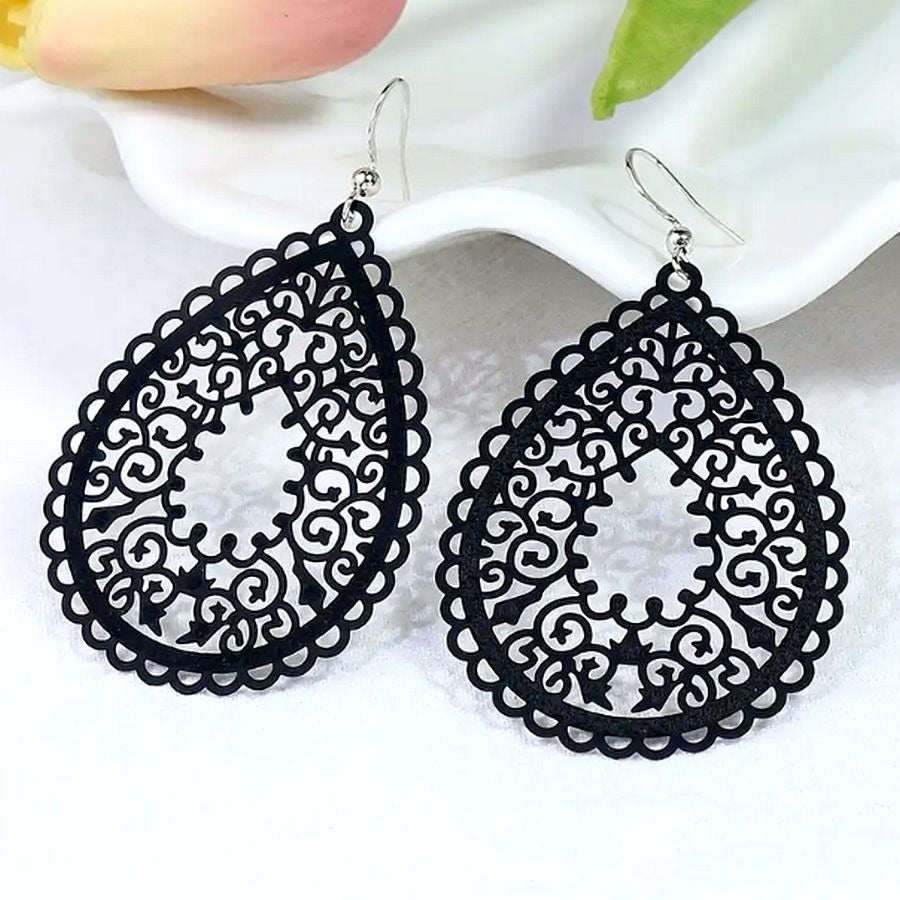 Ophelia Sweets Black Filigree Teardrop Water Drop Dangle Earrings Gift Packaged