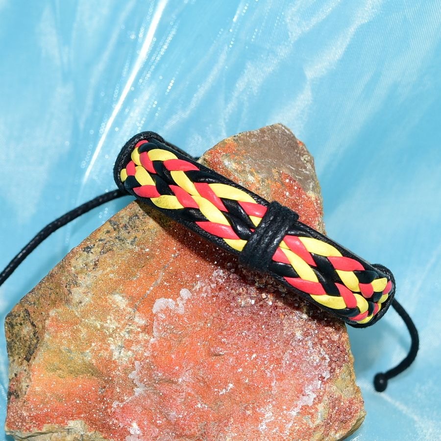 Roja Amarilla Mens Weave Tie Leather Bracelet Black Red Yellow Gift Packaged