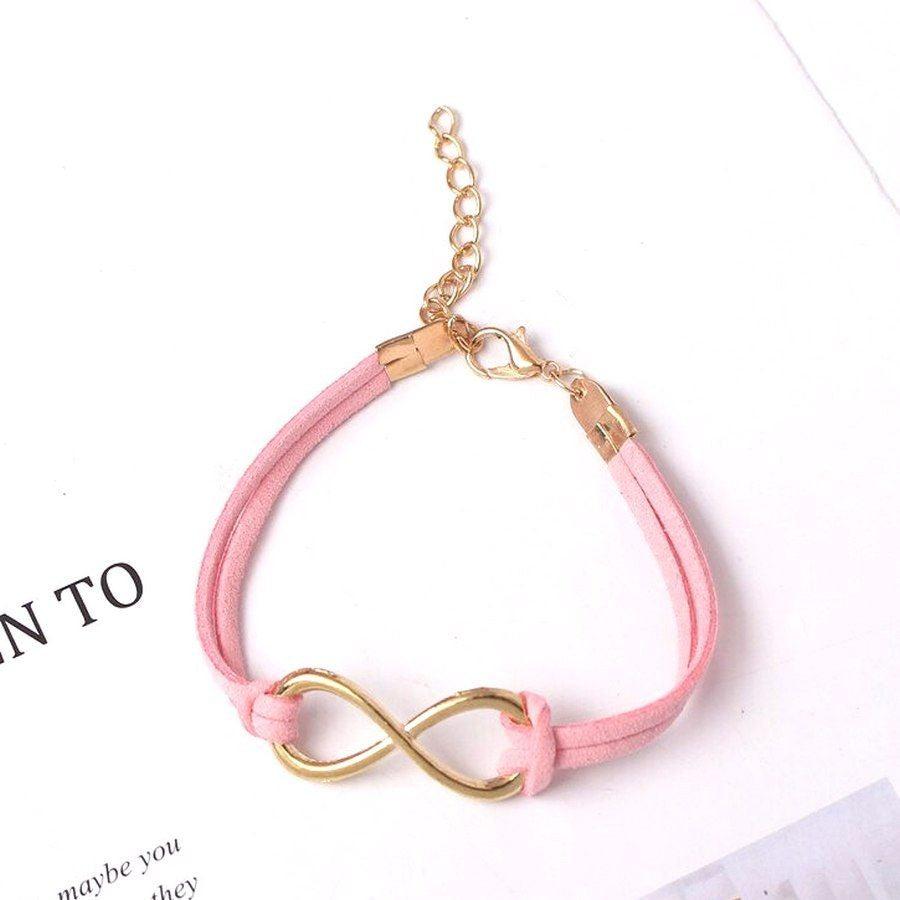 Leyanna Colors Soft Leather Retro Gold Infinity Bracelet Pink Gift Packaged