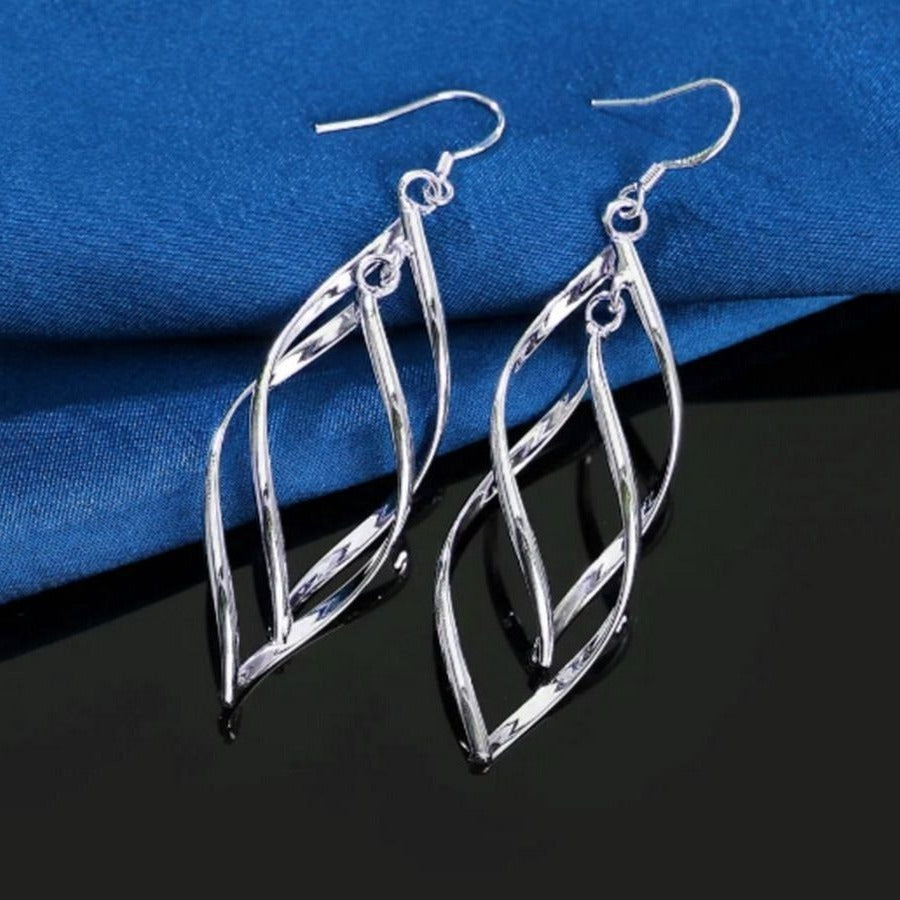 Amira Lilly Rhombus Swirled Double Layer Dangle Silver Earrings Gift Packaged