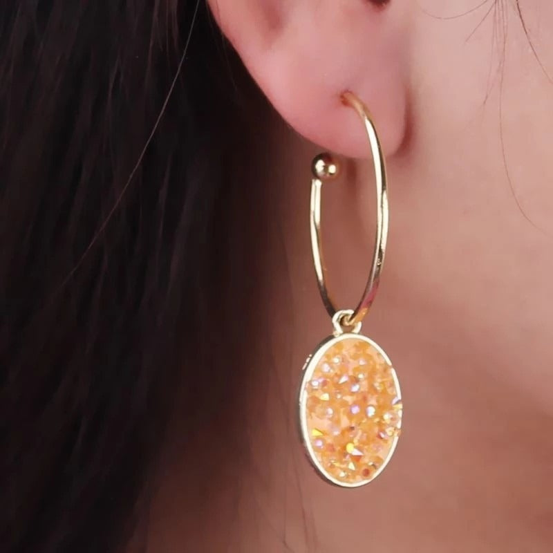 Peyton Sparkles Coral Orange Oval Sugar Crystal Drop Hoop Earrings Gift Packaged