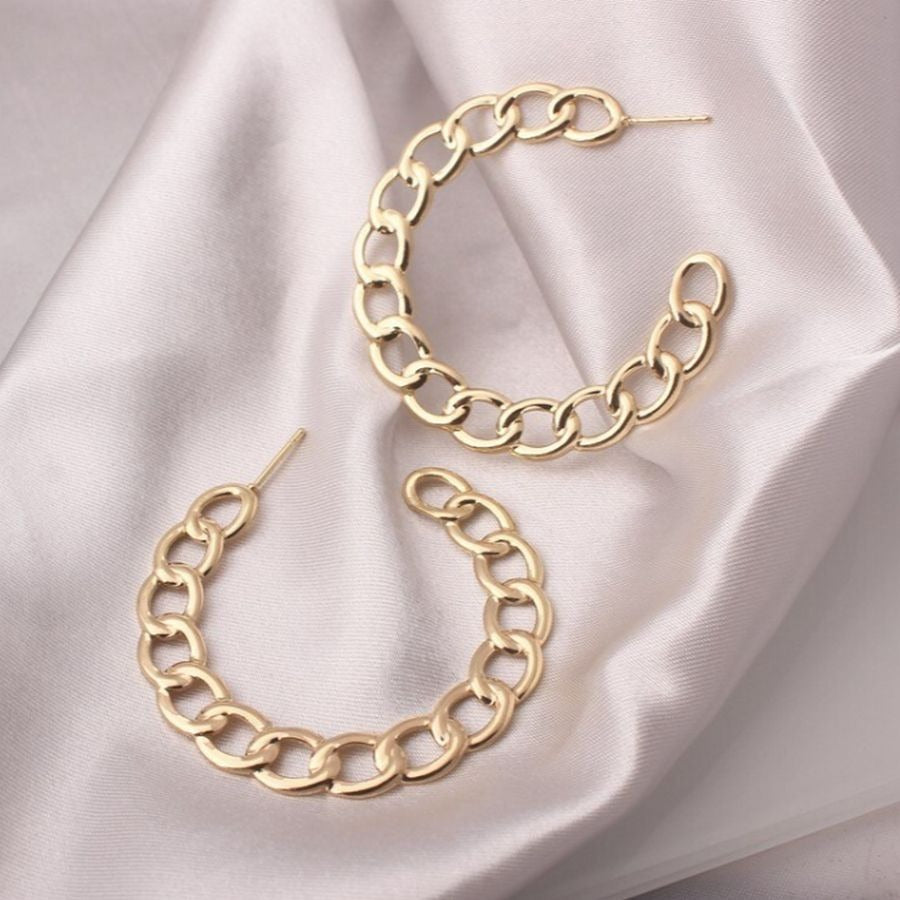 Alyssa Leanna Gold Stationary Link Design Hoop Post Earrings Gift Packaged