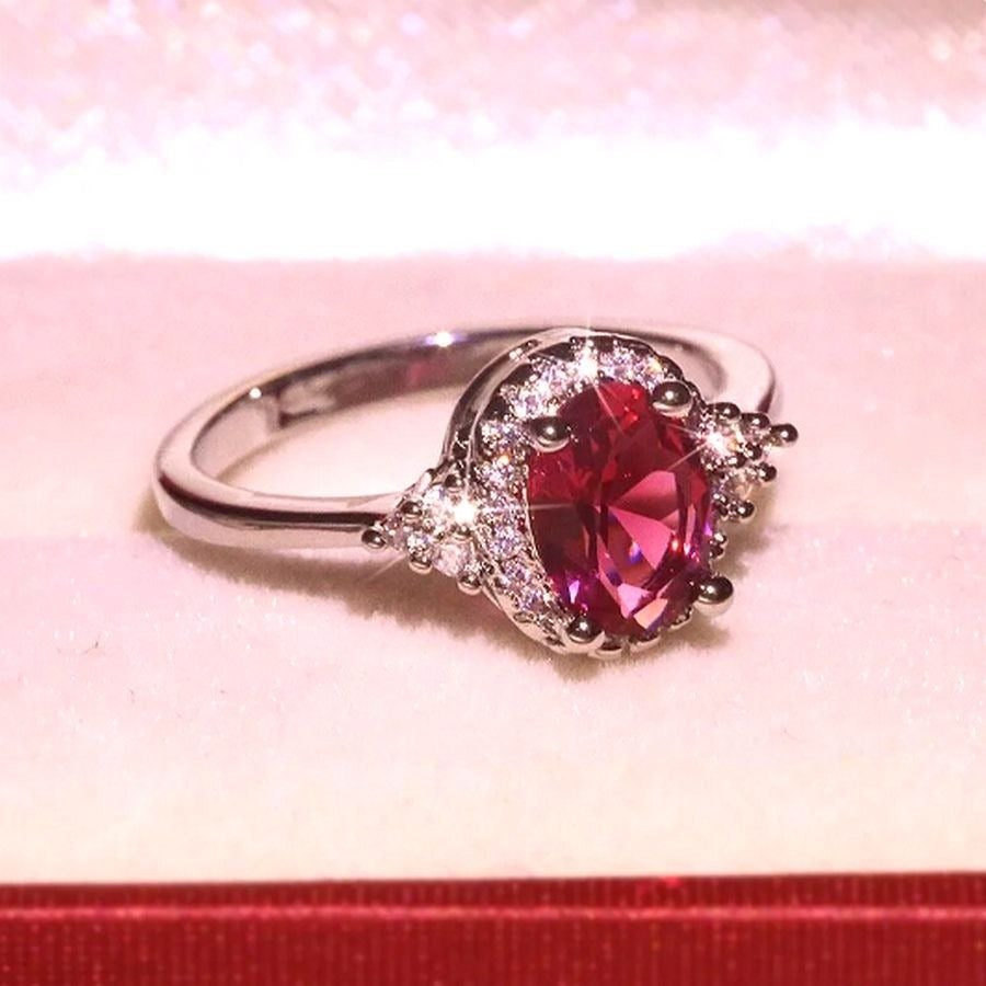 Valentinia Womens Size 7 Oval Faceted Pink Gemstone Silver Ring Gift Boxed