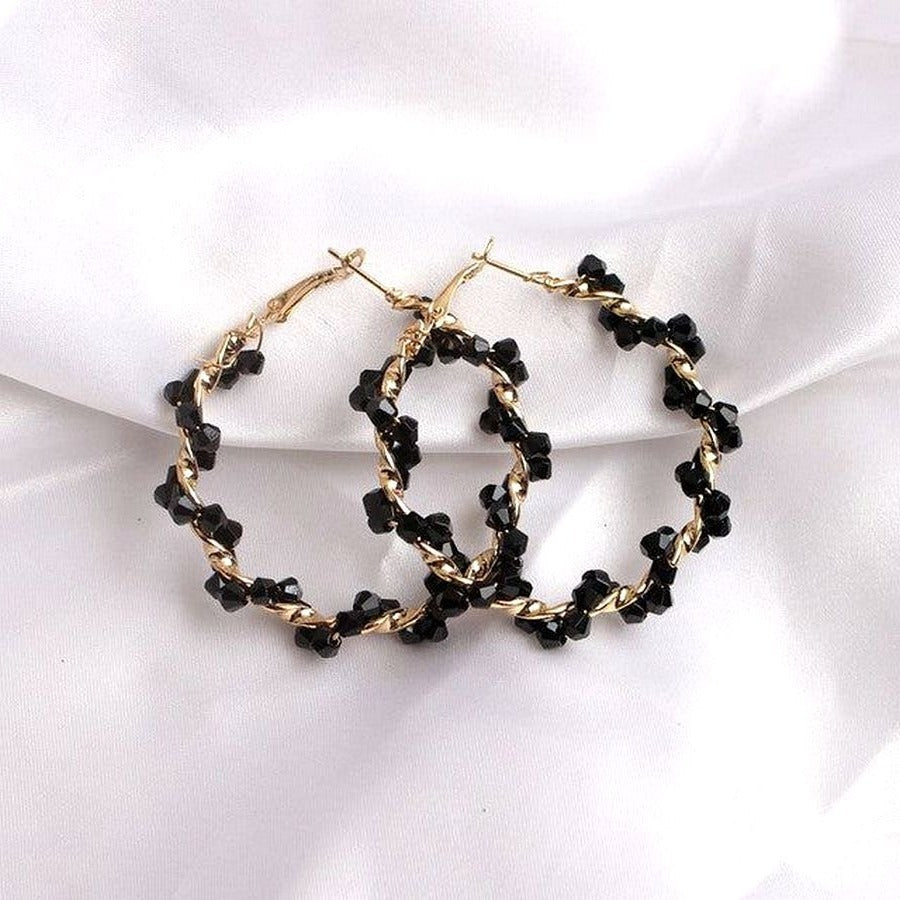 Anastasia Sweet Gold Twist Beaded Hoop Earrings Black Gift Packaged