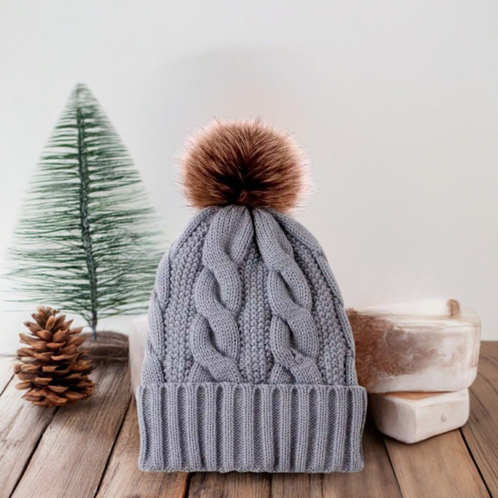 Haylee Glenn Gray Fleece Lined Cable Knit Fur Pom Pom Beanie Hat