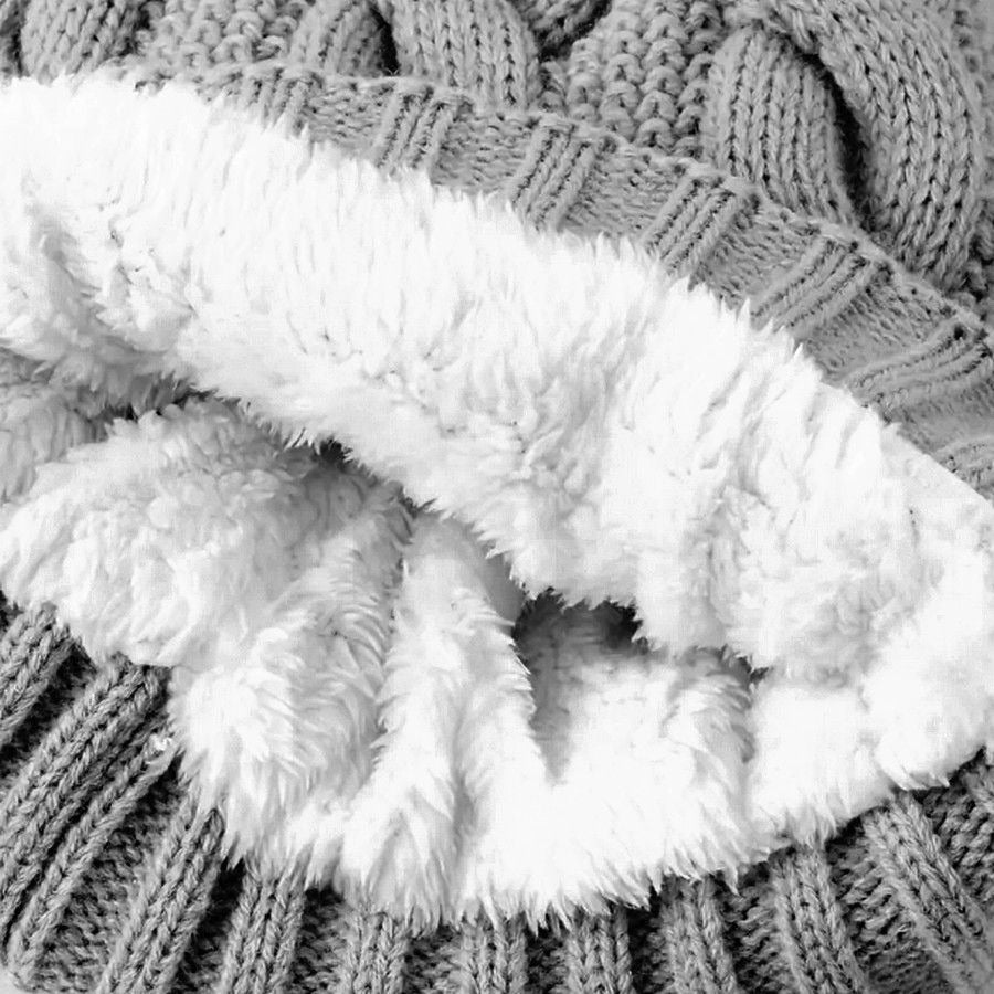 Haylee Glenn Gray Fleece Lined Cable Knit Fur Pom Pom Beanie Hat