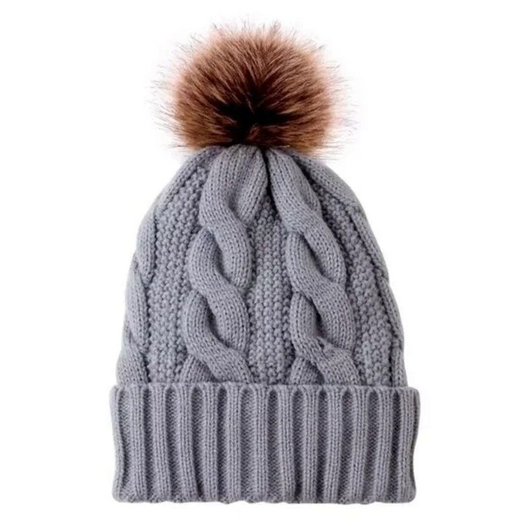 Haylee Glenn Gray Fleece Lined Cable Knit Fur Pom Pom Beanie Hat