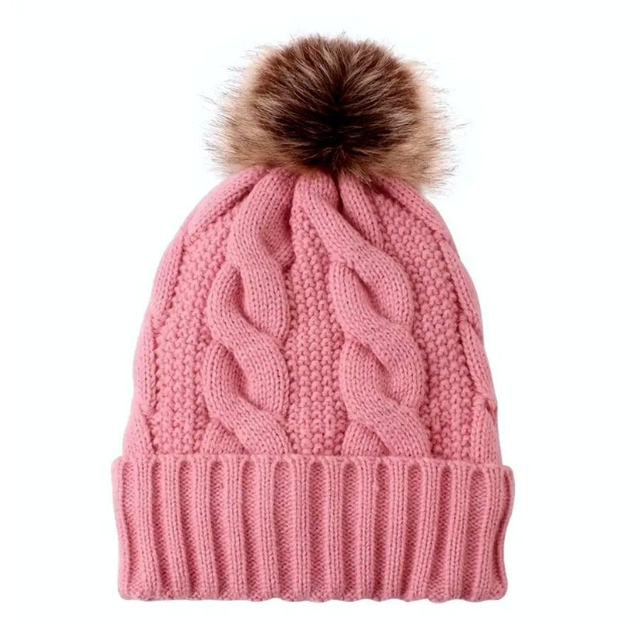 Haylee Glenn Pink Fleece Lined Cable Knit Fur Pom Pom Beanie Hat