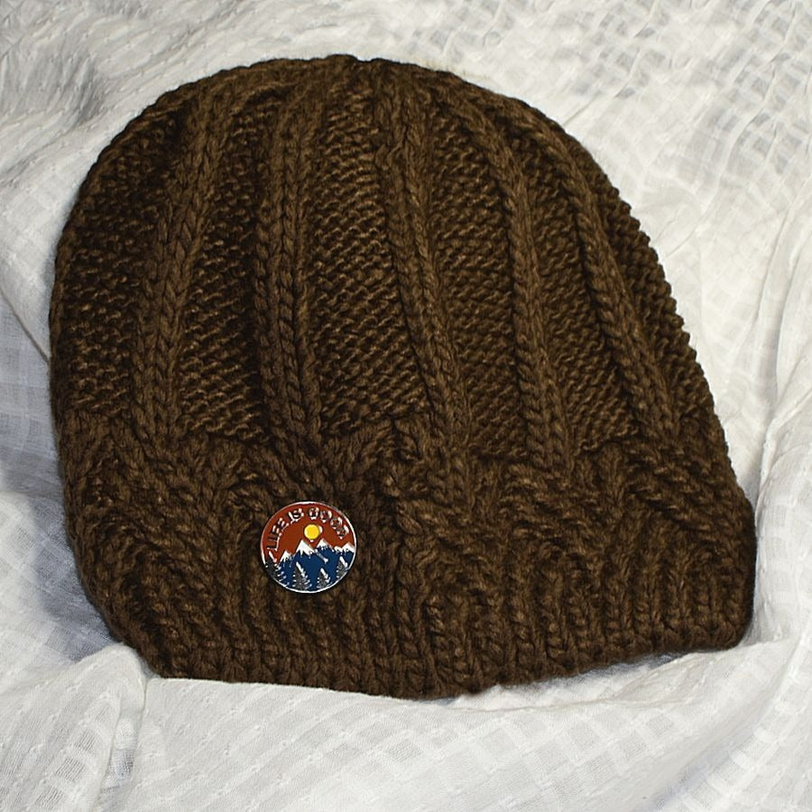 Whitney Brown Crochet Knit Beanie and Mountain Pin Set Gift Packaged