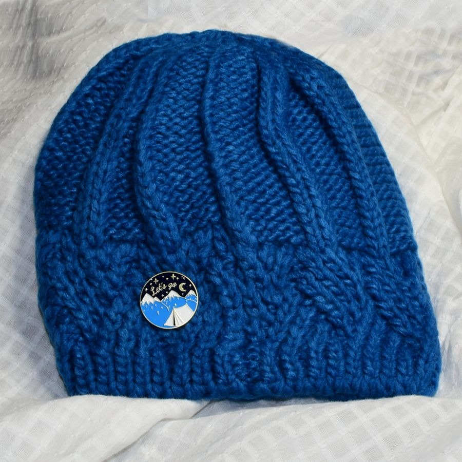 Whitney Blue Crochet Knit Beanie and Mountain Pin Set Gift Packaged