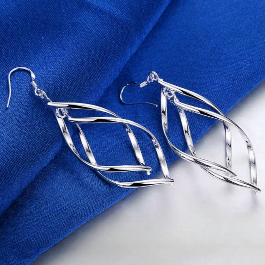 Amira Lilly Rhombus Swirled Double Layer Dangle Silver Earrings Gift Packaged