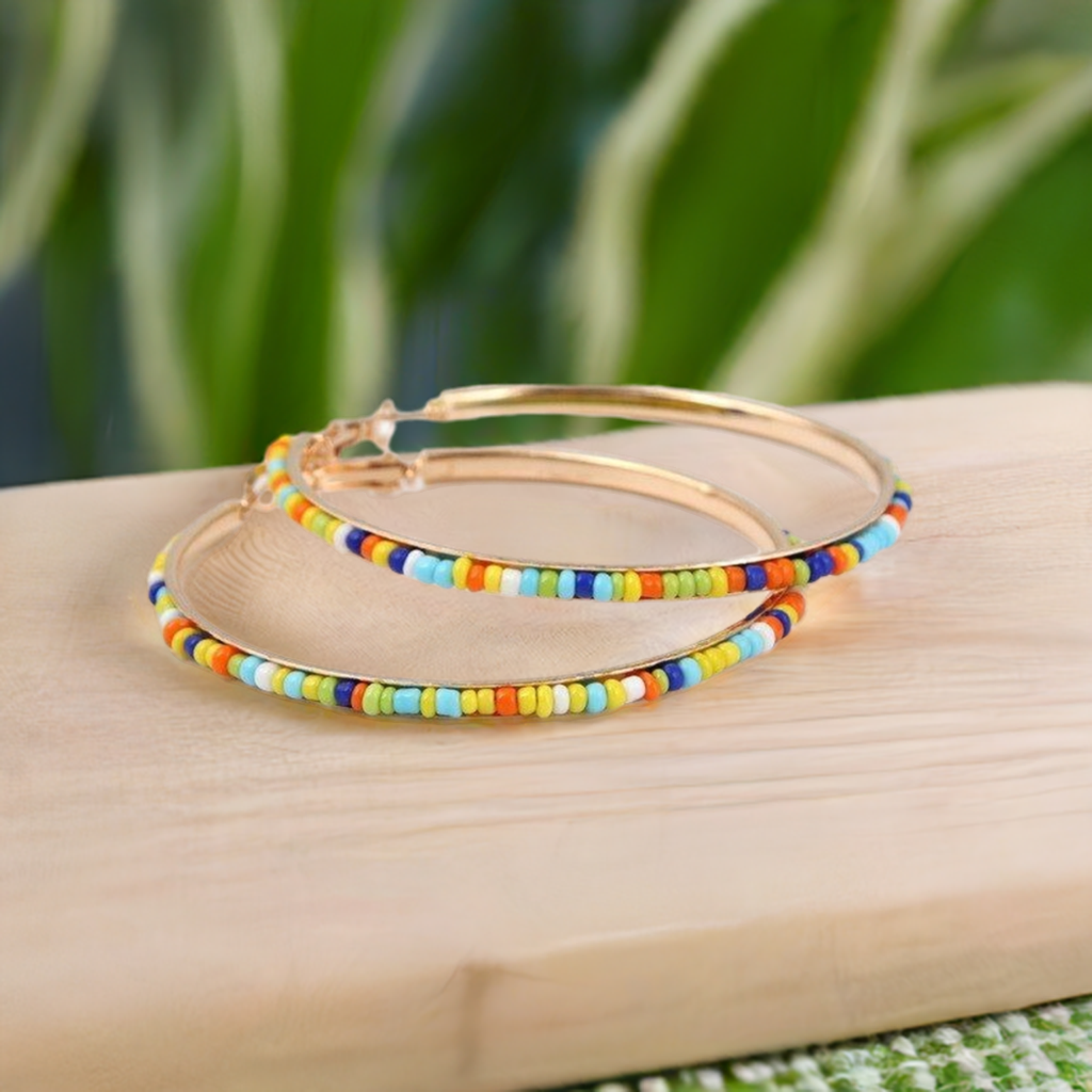 Abby Laurel Large Beaded Hoop Earrings Multicolored Gold Gift Packaged